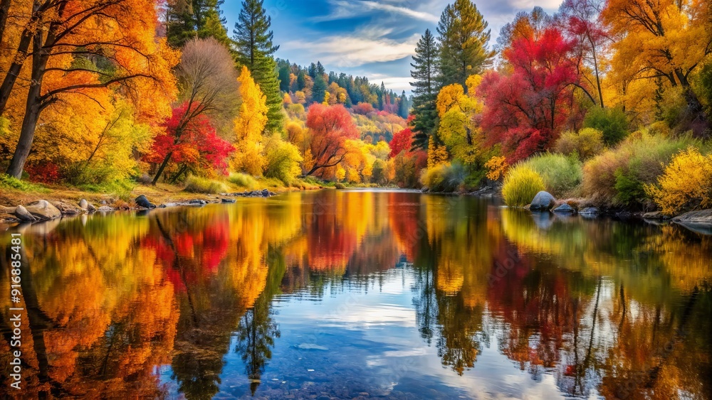 Fototapeta premium Vibrant autumn hues mirror-perfectly reflected in the tranquil, shallow river, accompanied by soothing water flows, evoking a sense of serenity and calmness in nature's harmony.