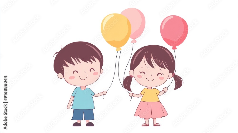 Smiling kawaii boy and girl holding balloons, anime-style vector illustration with flat colors on white Smiling kawaii boy and girl holding balloons, anime-style vector illustration with flat colors on white