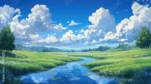 Tranquil anime background of a meandering stream, lush fields, and soft clouds in a vivid blue sky