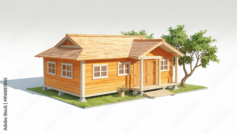 a small wooden house with a red roof, a small wooden house with a red roof,