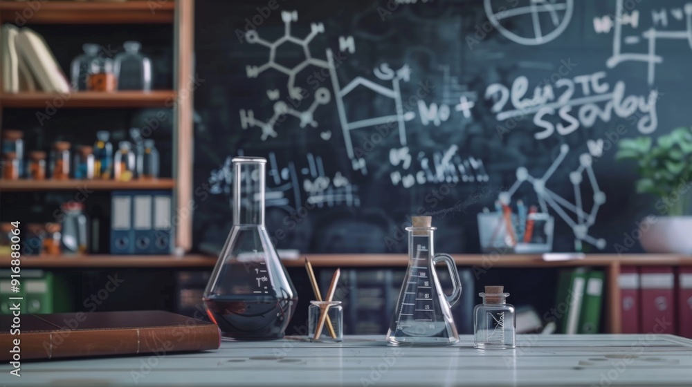 Black chalkboard inscribed with scientific formulas. Abstract, Desk, back to school theme Black chalkboard inscribed with scientific formulas. Abstract, Desk, back to school theme