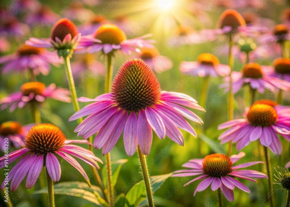 Fototapeta premium Delicate purple coneflower blooms sway gently in a lush green meadow, showcasing intricate petals and prominent centers, surrounded by soft focus foliage and warm sunlight.
