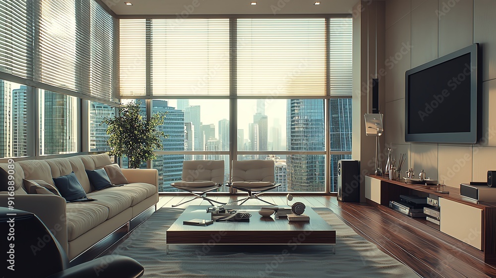 Obraz premium A modern living room with panoramic city views, featuring sleek furniture, warm lighting, and a stylish atmosphere.