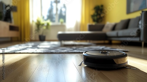 A modern robot vacuum cleaner efficiently cleaning hardwood floors in a bright, stylish living room with plants and sunlight.