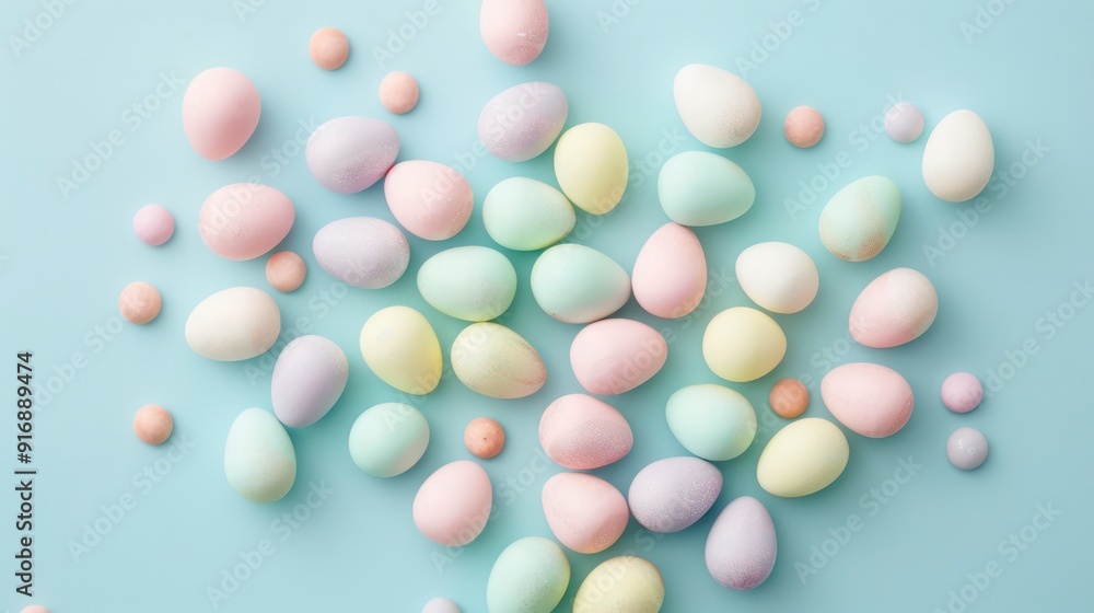 easter mini eggs in light pastel colors scattered on a pale blue background easter mini eggs in light pastel colors scattered on a pale blue background