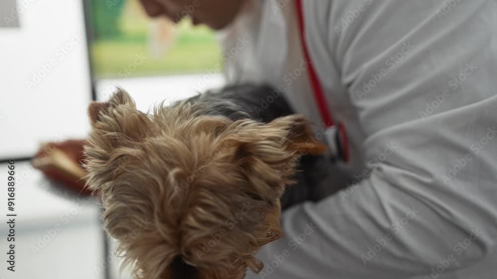 A male veterinarian examining a small dog with a hammer in a clinical room indoors. A male veterinarian examining a small dog with a hammer in a clinical room indoors.