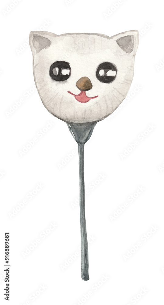 Obraz premium A watercolor illustration of a balloon shaped like a cat's head, painted in soft pastel colors. This whimsical balloon features adorable cat-like details, making it perfect for children's themes