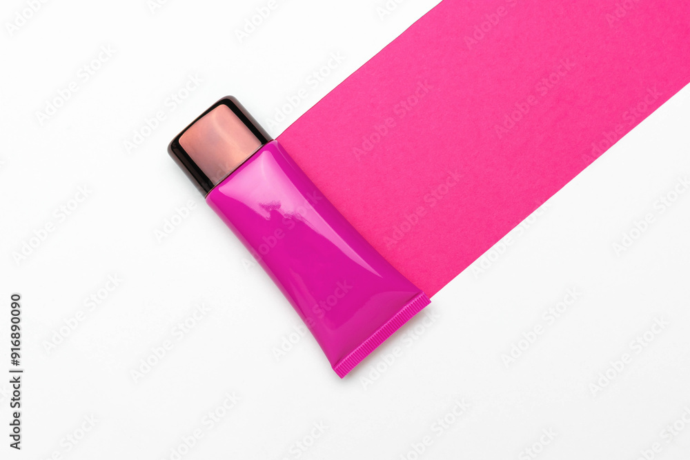Pink Cosmetic Tube on White Background with Vivid Pink Strip - Minimalist Beauty Product Image Pink Cosmetic Tube on White Background with Vivid Pink Strip - Minimalist Beauty Product Image