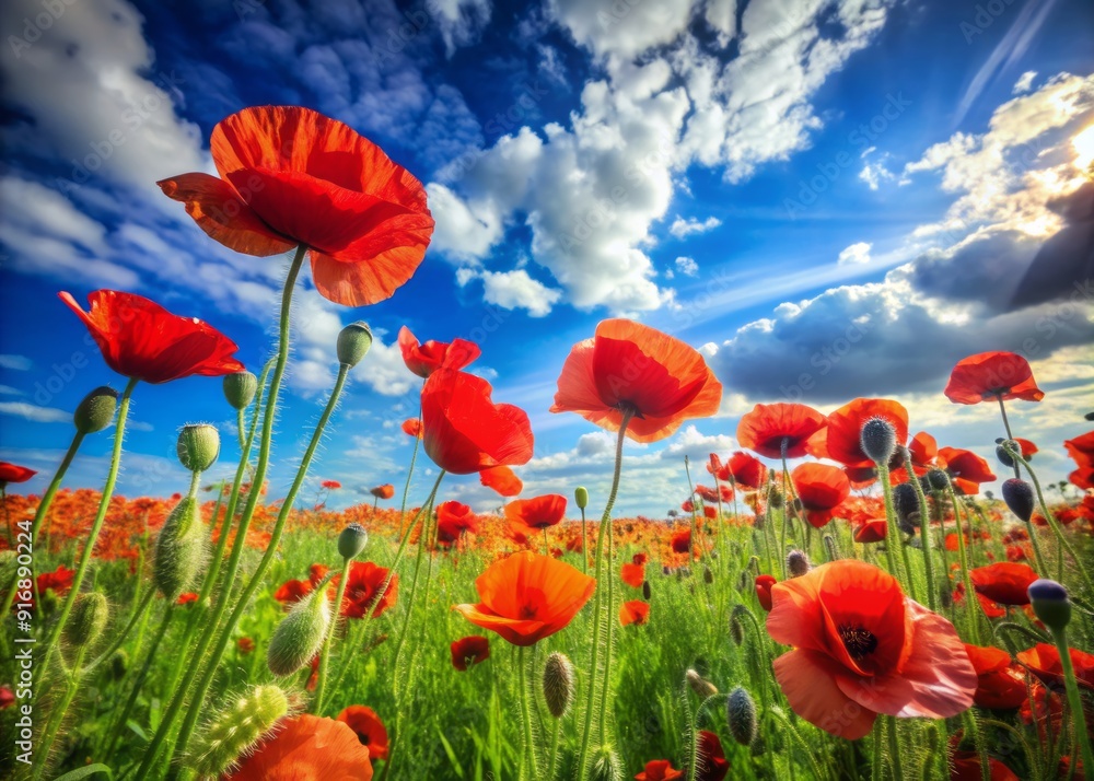 Obraz premium Vibrant red poppy flowers sway gently in the breeze, filling a lush green meadow under a brilliant blue sky with fluffy white clouds.