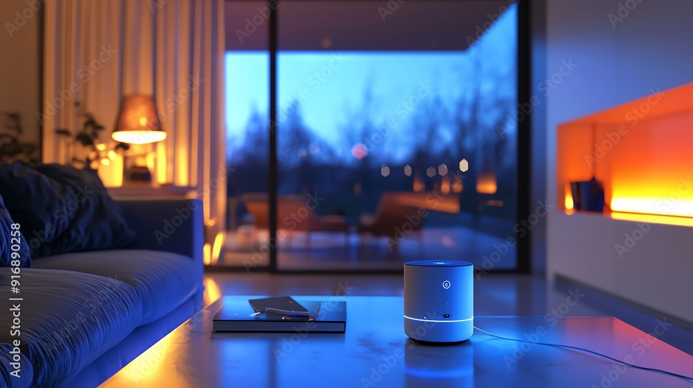 Cozy living room with modern speaker, soft lighting, and stylish decor, creating a relaxing atmosphere at dusk. Cozy living room with modern speaker, soft lighting, and stylish decor, creating a relaxing atmosphere at dusk.
