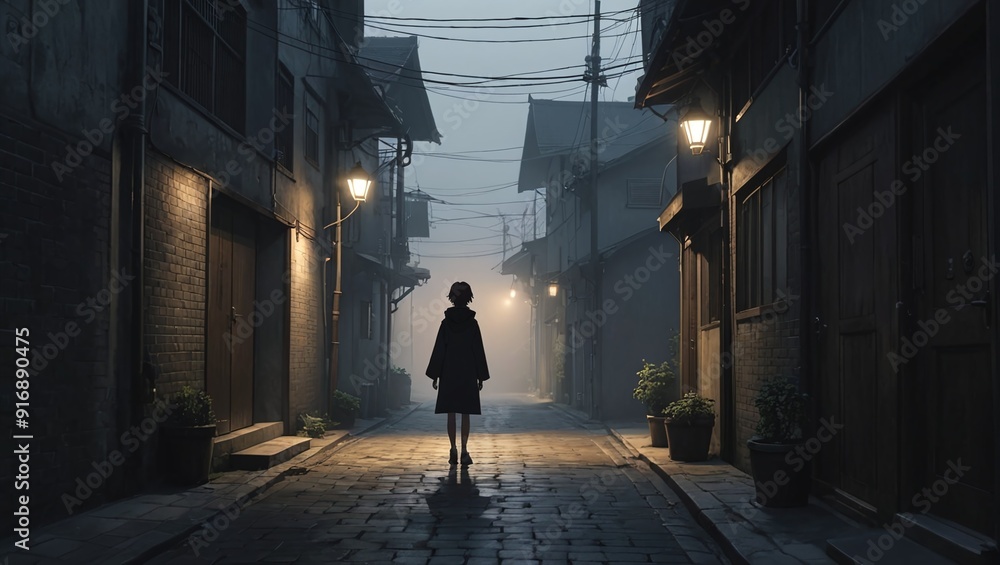 Lonely Figure in Misty Alley Anime Style Lonely Figure in Misty Alley Anime Style