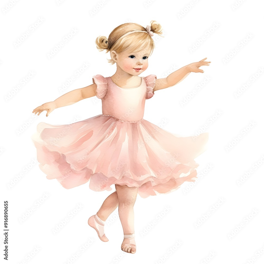 Naklejka premium Watercolor of Charming Child Dancer in Pink Tutu Dress