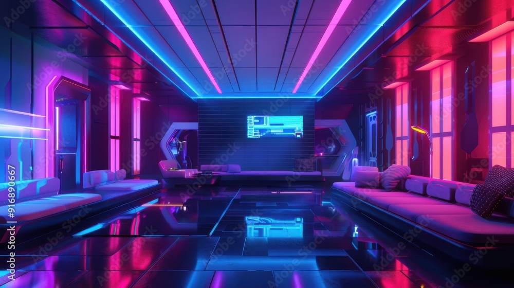 A futuristic lounge with vibrant neon lights and sleek design, perfect for modern aesthetics and nightlife themes. A futuristic lounge with vibrant neon lights and sleek design, perfect for modern aesthetics and nightlife themes.