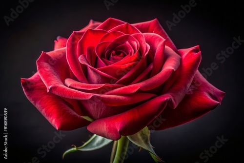 Isolated, velvety red rose in full bloom, delicate petals unfolding from a tight center, against a mysterious dark background, evoking elegance and romance.