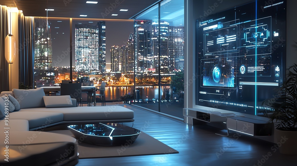 Futuristic living room with a city view, featuring sleek furniture and a high-tech display, ideal for tech and luxury themes. Futuristic living room with a city view, featuring sleek furniture and a high-tech display, ideal for tech and luxury themes.