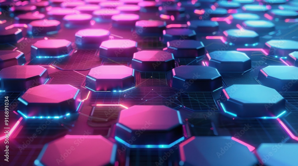 A stunning close-up of hexagonal patterns illuminated in vibrant neon colors, showcasing modern digital design and technology. A stunning close-up of hexagonal patterns illuminated in vibrant neon colors, showcasing modern digital design and technology.