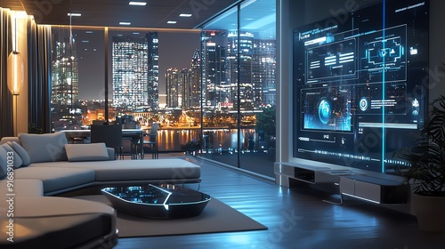 Futuristic living room with a city view, featuring sleek furniture and a high-tech display, ideal for tech and luxury themes.