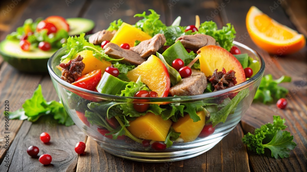 Vibrant, refreshing duck salad with mixed greens, juicy fruit, and a kick of spicy flavor, packaged in convenient, clear cups for a healthy snack on-the-go. Vibrant, refreshing duck salad with mixed greens, juicy fruit, and a kick of spicy flavor, packaged in convenient, clear cups for a healthy snack on-the-go.