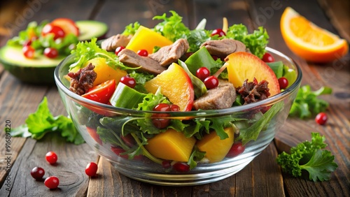 Vibrant, refreshing duck salad with mixed greens, juicy fruit, and a kick of spicy flavor, packaged in convenient, clear cups for a healthy snack on-the-go.