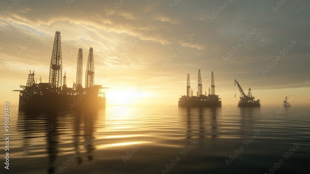 Obraz premium An oil rig stands tall in the ocean as the sun sets, casting beautiful colors across the sky and creating a striking silhouette against the tranquil waters
