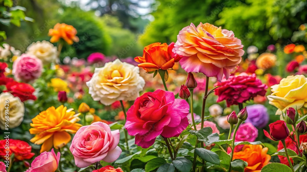 Fototapeta premium Vibrant roses in a lush garden setting, featuring colorful blooms in pink, red, orange, white, and yellow, set amidst a serene botanical garden backdrop in spring.