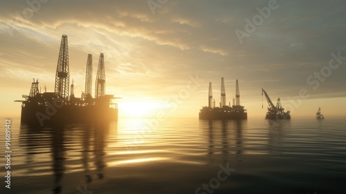 An oil rig stands tall in the ocean as the sun sets, casting beautiful colors across the sky and creating a striking silhouette against the tranquil waters