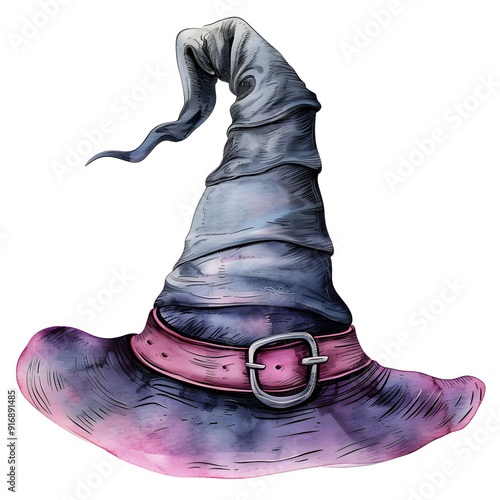 a Witch s hat with a buckle, watercolor clipart illustration, lsolated on white background photo