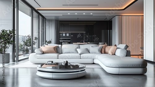 Modern living room featuring a sleek gray sectional sofa, minimalist decor, and large windows for natural light. photo