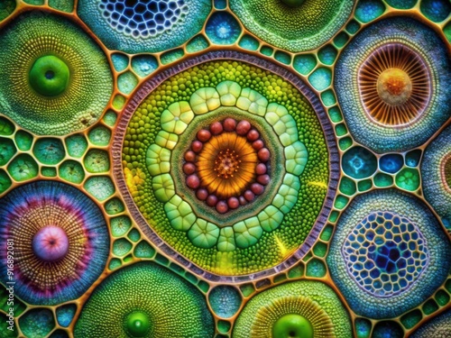 Vibrant cross-section of plant tissue on a dynamic manipulation backdrop showcases intricate botanical structures in a biology textbook-inspired composition. photo