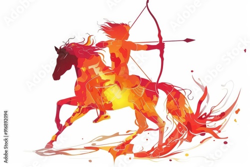 A dynamic silhouette of an archer on a horse, depicted in fiery colors. photo