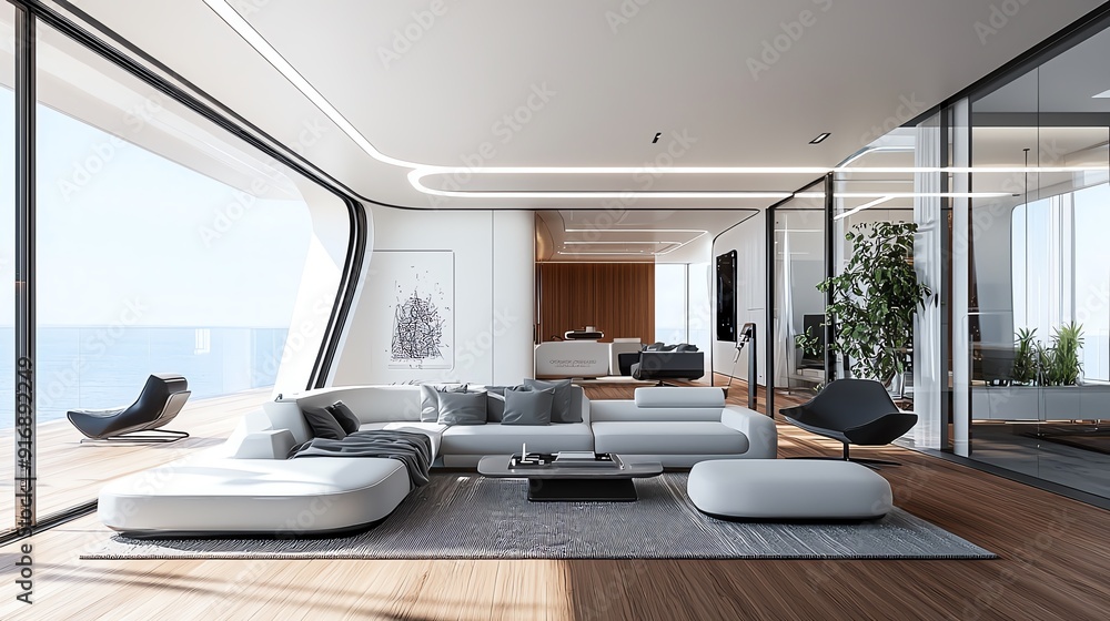 Modern living room featuring sleek furniture, large windows, and a stunning view, ideal for contemporary interior design. Modern living room featuring sleek furniture, large windows, and a stunning view, ideal for contemporary interior design.