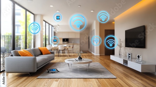 Modern living room showcasing smart technology with Wi-Fi symbols, featuring stylish furniture and a cozy atmosphere.