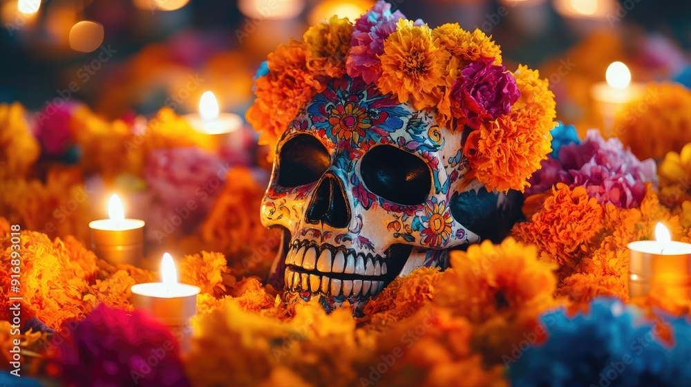 ** Vibrant Day of the Dead Skull Surrounded by Marigolds and Candles in Festive Celebration ** Vibrant Day of the Dead Skull Surrounded by Marigolds and Candles in Festive Celebration