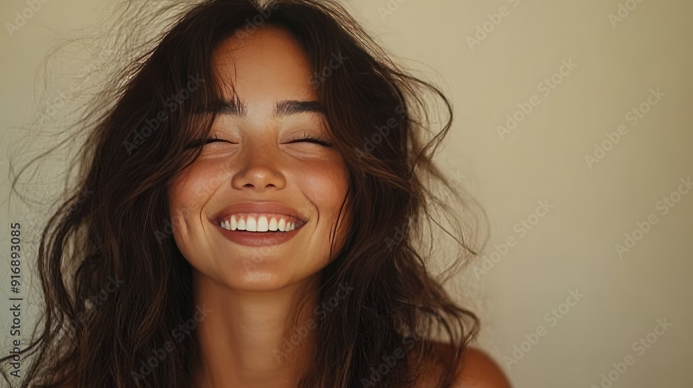 Smiling Woman with Windswept Hair and Radiant Skin Against Neutral Background Smiling Woman with Windswept Hair and Radiant Skin Against Neutral Background