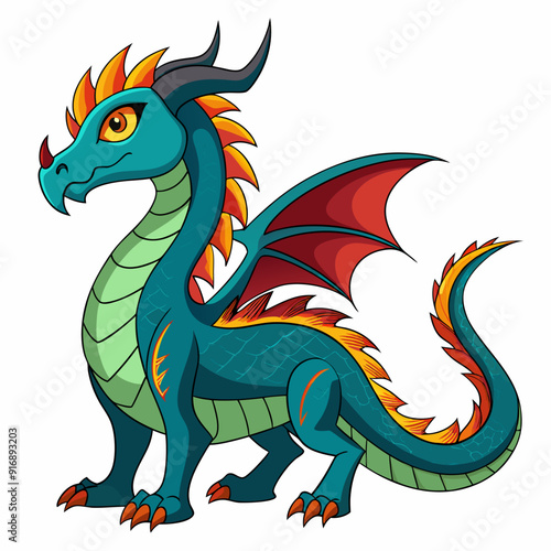Cartoon Green Dragon with Red Wings and Spiked Tail