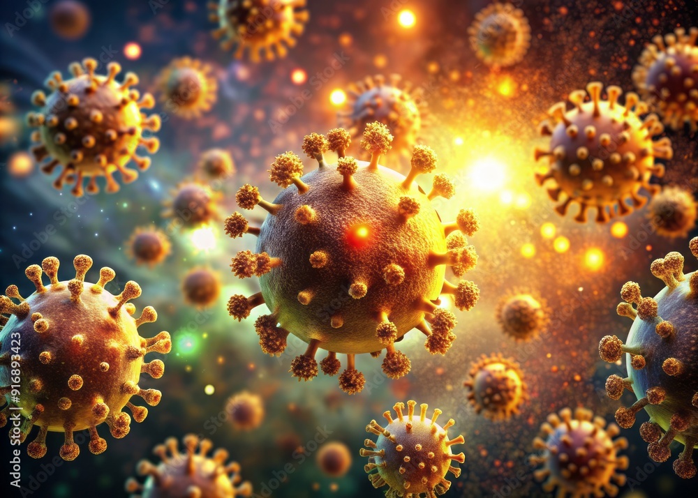 Illuminated virus particles suspended in a warm, ethereal glow, magnified to reveal intricate structures, symbolizing infectious disease and medical discovery in a dreamlike microscopic environment. Illuminated virus particles suspended in a warm, ethereal glow, magnified to reveal intricate structures, symbolizing infectious disease and medical discovery in a dreamlike microscopic environment.