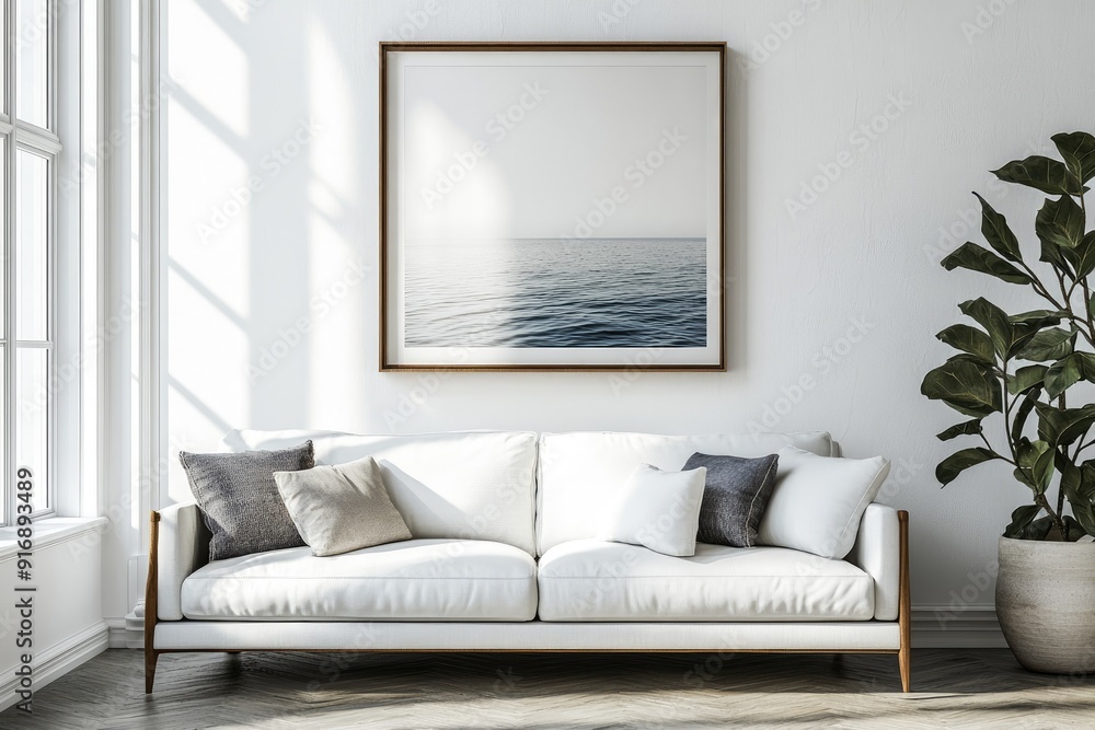 Modern Minimalist Living Room with White Sofa and Coastal Artwork in Sunlit Space Modern Minimalist Living Room with White Sofa and Coastal Artwork in Sunlit Space