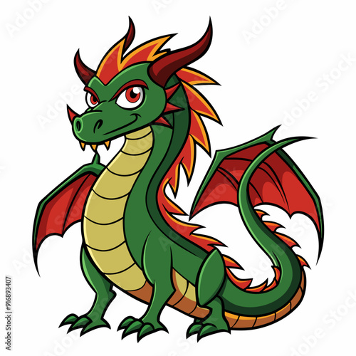 A Cartoon Green Dragon with Red Wings and Orange Spikes