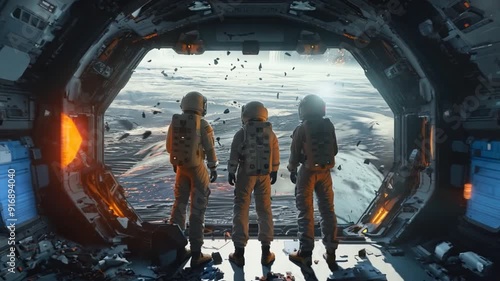 The background of this poster is a view of the interior of a spaceship, showing three astronauts standing in front of the spaceship's command center and looking through glass at a dilapidated city. photo