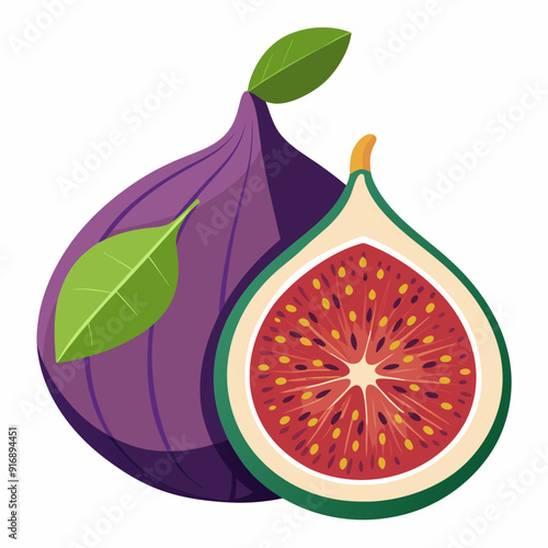 Whole Fig and Sliced Fig with Leaves