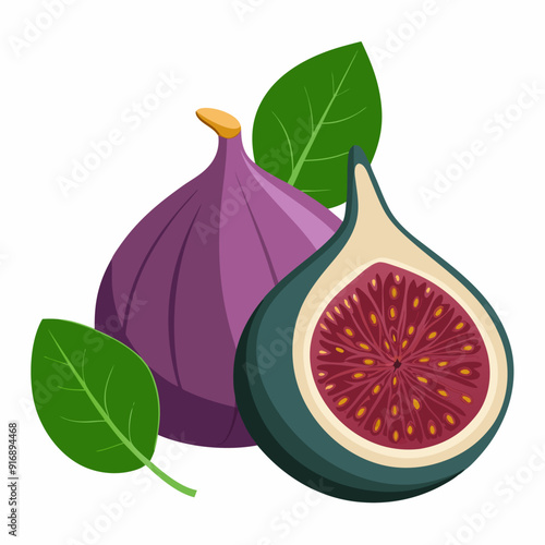 Whole and Sliced Figs with Green Leaves