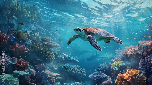 Underwater Coral Reef and Wildlife with Sea Turtles