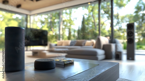 Modern living room with smart devices and large windows offering natural light and a beautiful view of nature.