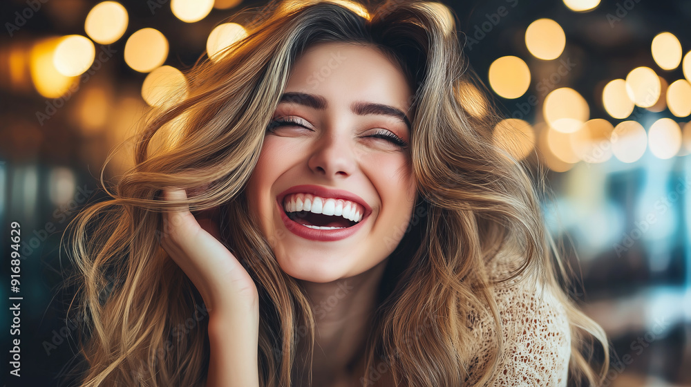 Beautiful Woman with Long Hair Laughing with Bokeh Lights. Beautiful Woman with Long Hair Laughing with Bokeh Lights.