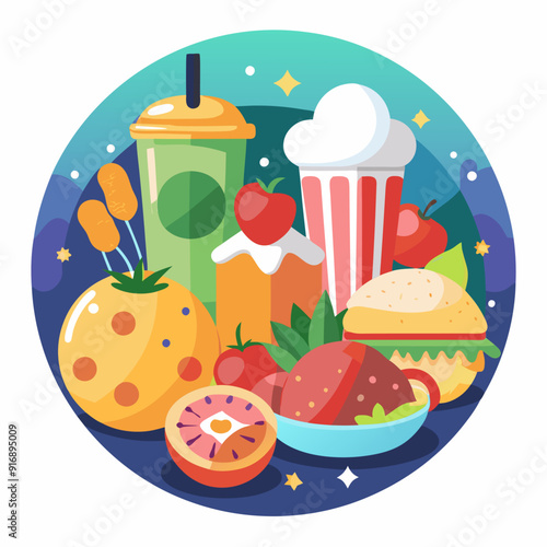 Colorful Food Items in a Circular Arrangement with a Starry Background