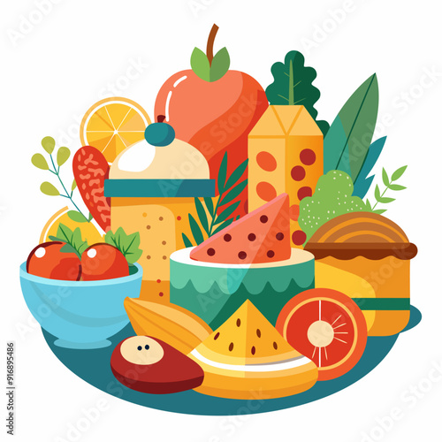 A Colorful Arrangement of Fruits, Vegetables, and Drinks