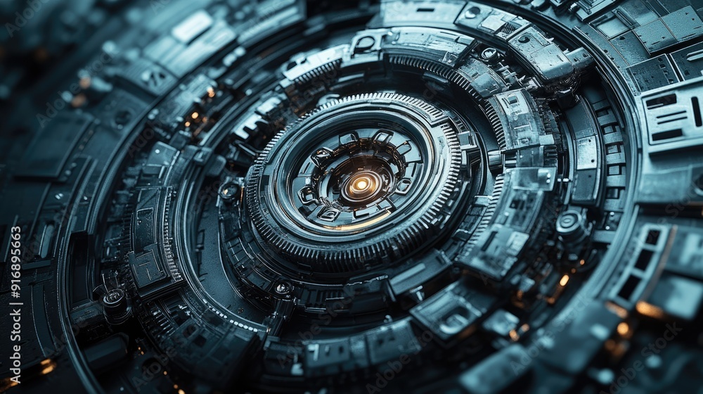 Futuristic Technology: Close-up of a Hi-Tech Mechanical Machine with Intricate Circular Design Futuristic Technology: Close-up of a Hi-Tech Mechanical Machine with Intricate Circular Design