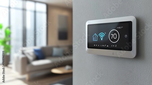 Modern smart thermostat on a wall in a stylish living room, showcasing digital display and home automation functionality.