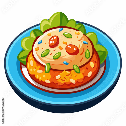 A Round Plate of Orange and Yellow Rice with Red Tomatoes and Green Beans