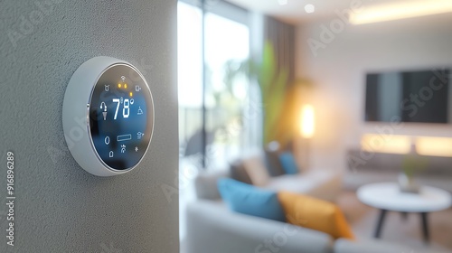 Modern thermostat on wall in stylish living room, showcasing a comfortable temperature setting with contemporary design elements. photo